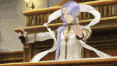 a woman with purple hair is giving a peace sign in a courtroom