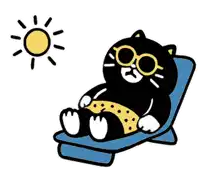 a black cat wearing sunglasses is sitting on a beach chair drinking from a straw .