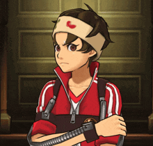 a cartoon character wearing a headband with a red telephone on it