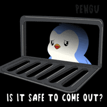 a penguin is looking out of a laptop screen with the words is it safe to come out written below it