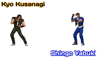 a pixel art of kyo kusanagi and shingo yabuki from the video game the king of fighters
