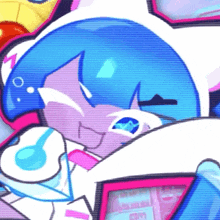 a close up of a cartoon character with blue hair and headphones .