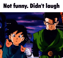 a couple of anime characters standing next to each other with the words not funny didn 't laugh