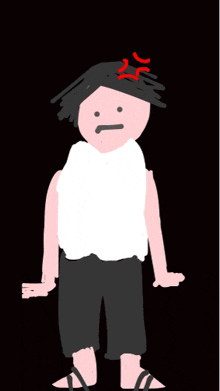 a cartoon drawing of a person with a white shirt and black shorts