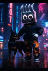 a cartoon character with a knife on his head petting a dog