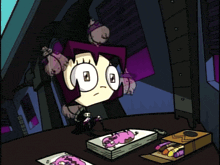 a cartoon drawing of a girl with a purple head and white eyes