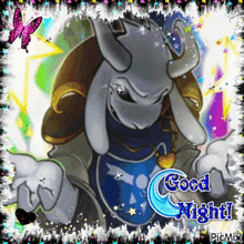 a picture of a cartoon character with the words good night written on it