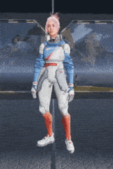 a woman with pink hair is wearing a suit that says riftz