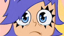 a close up of a cartoon character with blue hair and big eyes