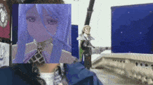 a collage of images shows a girl with purple hair