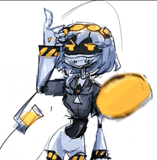 a drawing of a robot wearing sunglasses holding a yellow object