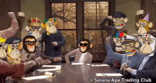 a group of monkeys are sitting around a table with the words solana ape trading club written below them