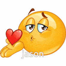 a smiley face is holding a red heart and the name jason is below it