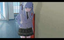 a girl in a school uniform stands in a hallway with her arms crossed