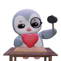 a penguin holding a heart and a hammer