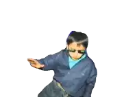 a boy wearing sunglasses and a blue shirt is dancing