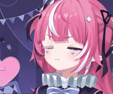 a girl with pink hair and white stripes on her face is making a funny face