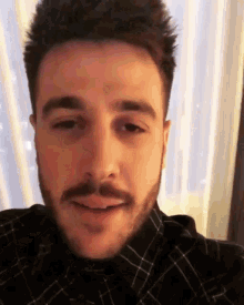 a close up of a man 's face with a beard and mustache wearing a plaid shirt .