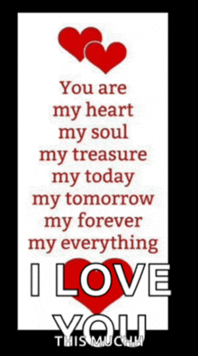 a poster that says you are my heart my soul my treasure my today my tomorrow my forever my everything and i love you