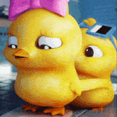a couple of cartoon chickens with one wearing a pink bow and sunglasses