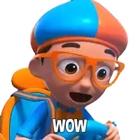 a cartoon character with glasses and a backpack has the word wow written on his chest