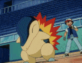 a cartoon of a man standing next to a pokemon that is on fire