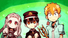 three cartoon characters are standing next to each other and one of them has a chinese symbol on his face