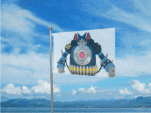 a flag with a picture of a robot with the number 18 on it