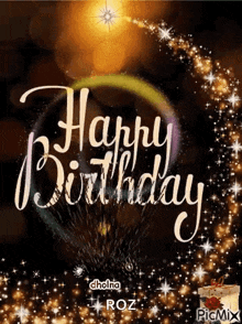 a happy birthday greeting card with a firework display in the background