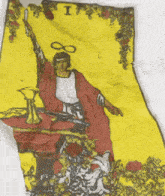 a yellow and red tarot card with the number i on the bottom