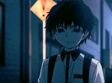 a boy with a backpack stands in front of a yellow sign that says ' yakuza bullets '