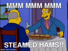a cartoon of a man sitting at a table with a plate of hams