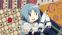 a picture of a girl with the words " the person above is a lesbian " below her