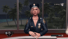 a woman in a police uniform is sitting at a desk in front of a window and a menu button