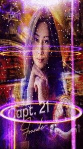 a woman is surrounded by purple lights and the words " adapt 21 "