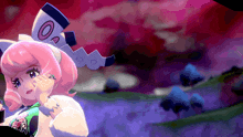 a girl with pink hair is wearing a white hat with a circle on it