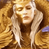 a painting of a woman wearing a gold costume and a crown with her eyes closed .