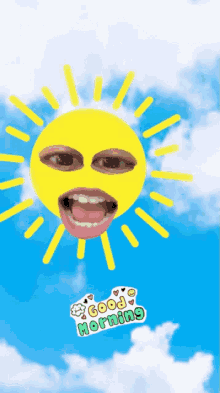 a picture of a sun with a face and the words good morning below it