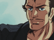 a close up of a man 's face with a blue eye