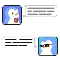 a penguin wearing sunglasses and holding a cup of coffee is talking to another penguin
