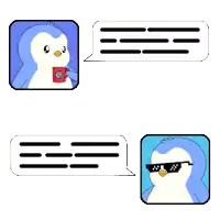 a penguin wearing sunglasses and holding a cup of coffee is talking to another penguin