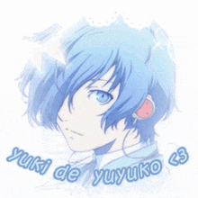 a picture of a boy with blue hair and the words yuki de yuyuko