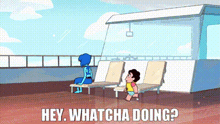 a cartoon of steven universe characters sitting on lawn chairs on a deck .