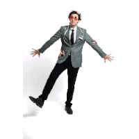 a pixelated image of a man in a suit and tie with his arms outstretched