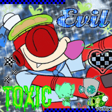 a drawing of a clown with the word toxic in green