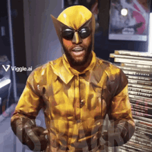 a man in a yellow superhero costume is standing in front of a pile of books