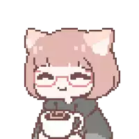 a pixel art drawing of a girl wearing glasses holding a cup of coffee