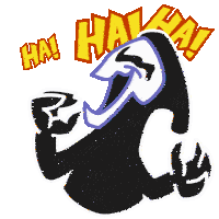 a cartoon drawing of a ghost with a screaming mask and the words ha ha ha