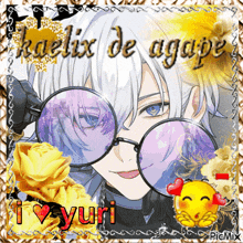 a picture of a boy with glasses and the words kaelix de agape i love yuri