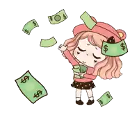 a girl is holding a bunch of money with a dollar sign
